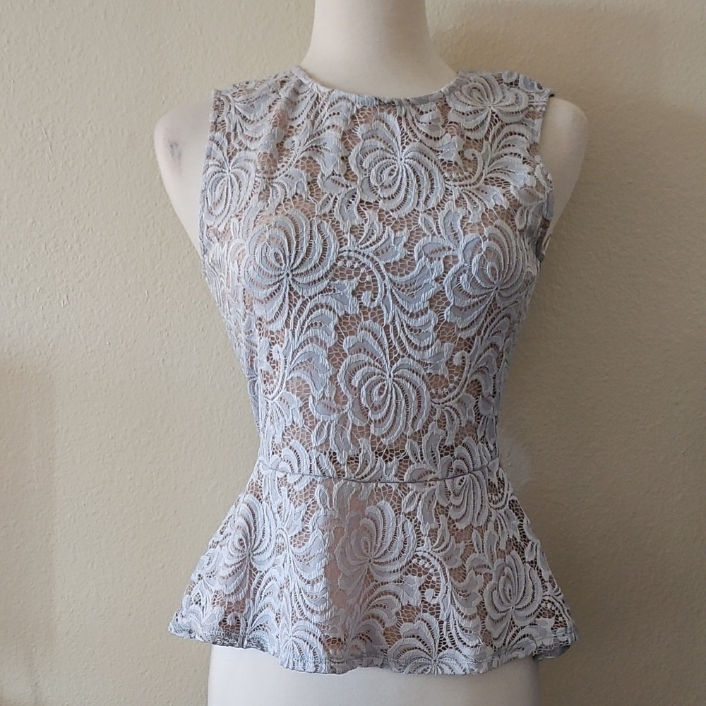 BCBGMaxAzria Gray Lace Peplum Blouse